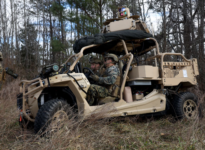 a group of soldiers in a vehicle with Arete's radar tracker mounted on top